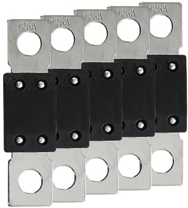 Offgridtec 125A MEGA Sicherung Set für 48V DC Systeme, Hochstrom-Streifen-Sicherungen mit Kupferanschlüssen, Niedrigkontaktwiderstand, Funken-Schutz, Schraubbefestigung, RoHS & UL zertifiziert, 5-Pack