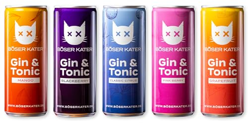 BÖSER KATER Gin & Tonic Dosen Probierset, 5 fruchtige Geschmacksrichtungen, Erfrischendes Mixgetränk, Handlicher Ready-To-Drink Cocktail, Trinkfertig für unterwegs, 5 x 250 ml 10% Vol