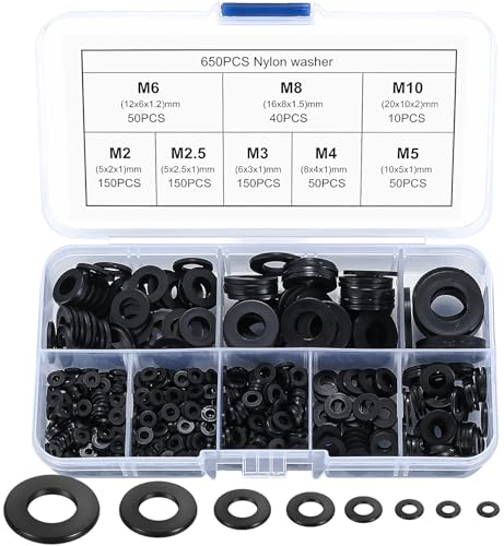 650 pz. Arandelas de nailon, arandelas planas de plástico para carrocería, separadores redondos, arandelas de junta para tornillos de aislamiento - Negro, M2/M2.5/M3/M4/M5/M6/M8/M10