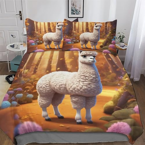 PAZZK Cute Alpaka Bettwäsche-Set, 3D Motiv, Bettbezug 2teilig Mit Kopfkissenbezug Für Jungen Mädchen Schlafzimmer Atmungsaktiv Mikrofaser Deckenbezug Single (135x200cm)