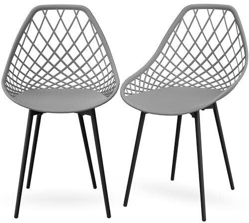 LEWE 2er Set Gartenstühle Wasserdicht, mit Netzarmlehne und Schwarzen Stellfüßen, Stabile Terrassenstühle, Outdoor & Indoor Stühle, für Esszimmer, Terrasse, Balkon - Grau