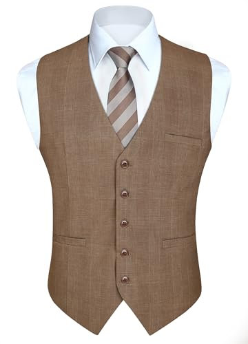 HISDERN Herren Anzugweste Braun Kariert Klassische Westen Regular Hochzeit Business Casual Einfarbig gilet 3XL