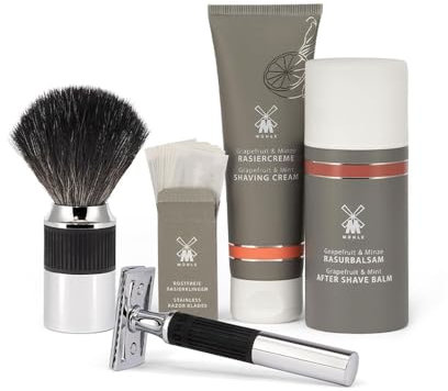 MÜHLE NEO Bundle - 4 tlg. Set - Rasierhobel verchromt, Klingen, Creme, After Shave - geschlossener Kamm, Gummigrip, schwarz