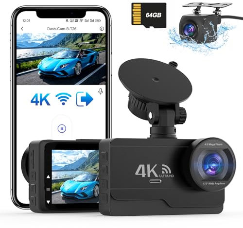DYNACAM 4K/2K+1080P Dash Cam Front and Rear, WiFi Dashcam Free 64GB Card,170°Wide Angle,Dual Dash Cam G-Sensor, Car Camera APP Control,WDR Night Vision,Car on-dash Mounted Cameras,Support 256GB Max