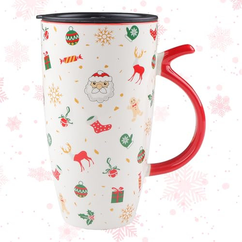 ZIGefofo Tazza di Natale con Coperchio Ceramica 600ml Alta Capacità Tazze da Tè Tazzine da Caffè Natalizie Omino di Pan di Zenzero Elementi Natalizi per l'uso Quotidiano, Regalo di Natale
