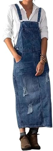 loveimgs Abito da donna in denim invecchiato, con bretelle lunghe, con spalline regolabili, stile patchwork, Blu, Large