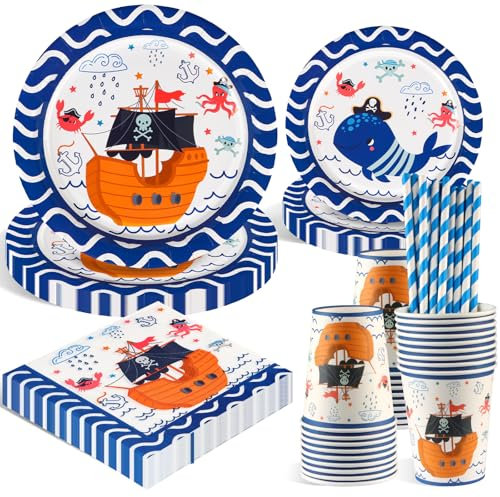 WenmthG 100 PCS Piraten Partygeschirr Set - Piraten Deko Kindergeburtstag - Piraten Geburtstag Deko für Jungen Madchen - Kindergeburtstag Deko mit Pappteller, Servietten... für 20 Gäste