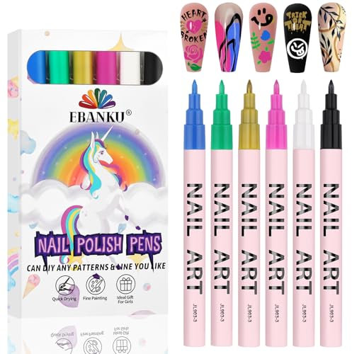 EBANKU Waterborne Acrylic Ink Nail Art Pens Set, 6 Colors 0.7MM Nail Polish Pens Quick-Drying Nail Art Acrylic Paint Pen Point Dotting Liner Pen Nail Drawing Painting Manicure Tools for 3D Salon Home