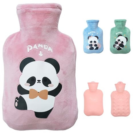 KUNHANG Panda Water Bottle with Warm Cover,Fluffy Soft Cute Panda,Small,Mini,hot Water Bag,as Gift (Pink)