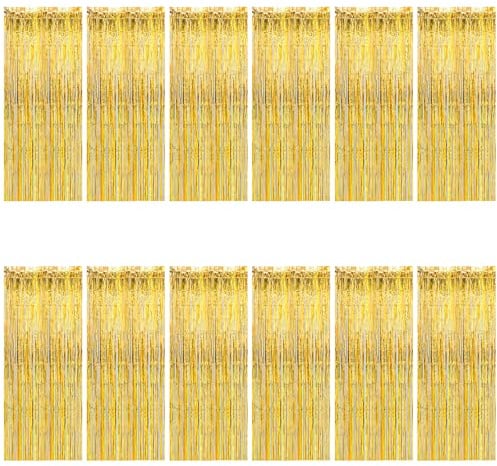 LOLYSIC 12 Stück Lametta Vorhang Gold(1M x 2.5M), Glitzervorhang aus Lametta und Folienfransen – Deko-Vorhang für Party, Geburtstag, Hochzeit, Bühne, Disco und Weihnachten