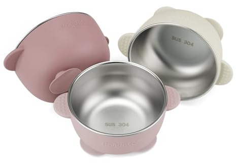 PandaEar Tazones Infantiles con Ventosa de Acero Inoxidable, Paquete de 3, Cuencos Antideslizantes con Funda de Silicona para Bebés, Niños y Niñas Pequeños, irrompibles y sin derrames (Rosa)