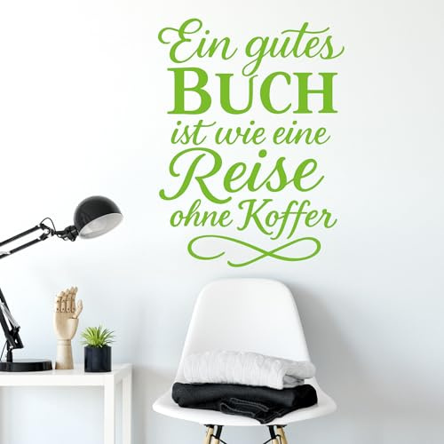Wandtattoo Spruch Ein gutes Buch Reise ohne Koffer Wanddeko Wandzitat Vinyl | Selbstklebende Vinylfolie für Tapete Raufaser Glas als Schriftzug für Wohnzimmer Flur Farbe je nach Wahl Größe 45 x 60 cm