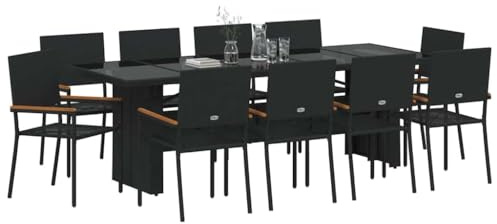 vidaXL Garden Dining Set 11 pcs Black Poly Rattan, Garden and Terrace, Modern Outdoor Dining Set, Stylish Rattan Furniture, Weatherproof Patio Gathering, Comfortable Seating