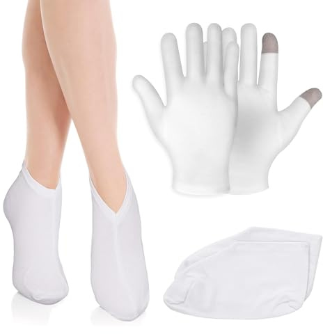 ARYIMYDP 2 paires de gants et chaussettes hydratants, en coton, gants coton dermatologique, sous gants, gants soins des mains, pour écran tactile, pour la nuit/temps de sommeil, traitement spa pour