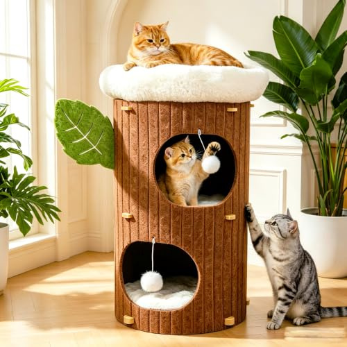 3-stöckige Kratztonne für Katzen -Kratzbaum mit Kratzbrett & 3 Matten, Spieltonne für Katzen bis 20 kg, Katzenkratzbaum mit Katzenhöhlen, Katzenturm Katzenhaus Katzenmöbel