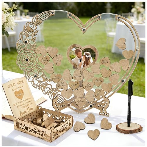 Wedding Guest Book with 100 Wooden Hearts 1 Sign Pen Set, Unique Wooden Heart Shaped Wedding Guest Book Alternative Baby Bridal Shower Birthday Baptism Graduation Wedding Decoration Memorial Days