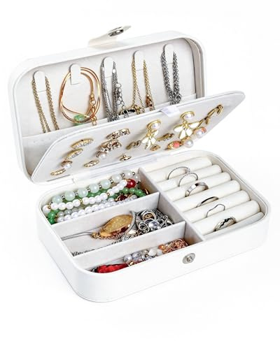 lulir Joyeros Mujer Organizador Viaje Portátil Cuero PU con 2 Capas Blanco | Joyero Portátil PU de 2 Capas con Compartimentos para Pendientes, Anillos y Collares, Ideal para Viajes y Regalos.
