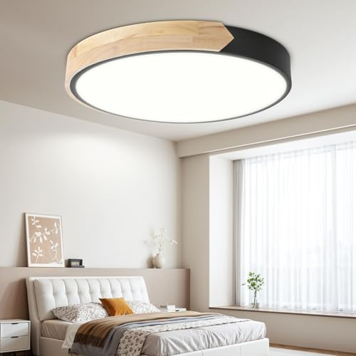 ISOISL Holz LED Deckenleuchte, LED Deckenleuchte 60W ∅40cm Dimmbar 3000K-6000K Farbtemperatur, 360° Beleuchtung Deckenlampe Wohnzimmer Schlafzimmer, Naturholz Ceiling Light für Kinderzimmer Esszimmer