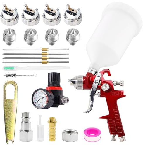 HVLP Professionnel Pistolet à Peinture 4 Buses 1,4 mm 1,7 mm 2,0 mm 2,5 mm | HVLP Pulvérisateurs de Peinture Alimentation par Gravité, haute efficacité 600cc Pistolet Peinture Air Comprimé