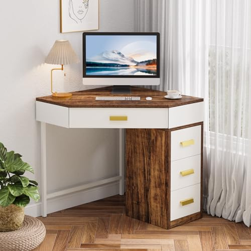 Tribesigns Eckschreibtisch mit 4 Schubladen, L-förmiger Computertisch mit Stauraum, Kleiner Schreibtisch aus Holz für Home Office, Büro,Arbeitszimmer, Wohnzimmer, Weiß & Braun