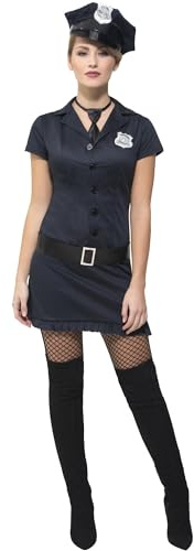 Smiffys Fever Naughty Cop, Black with Dress, Tie, Hat & Belt, Fever Fancy Dress, Cops and Robbers Dress Up Costumes