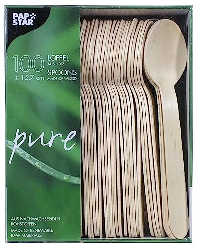 Papstar Holzlöffel / Einweglöffel pure (100 Stück) Länge 15.7 cm aus natürlich hellem Birkenholz für Grillfeste oder Geburtstage, stabiles Einweggeschirr, biologisch abbaubar, #18249