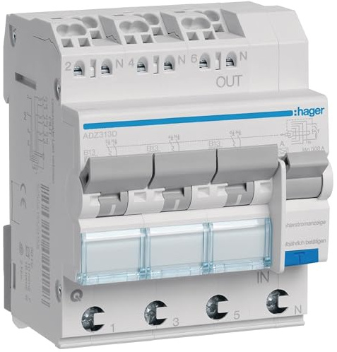 Hager ADZ313D Fehlerstrom-Leitungsschutzschalter 13A 1-polig+N 3x(1P+N) 6kA B-Charakteristik 30mA Typ A QuickConnect FI/LS-Schalter ( ADZ 313D ), White