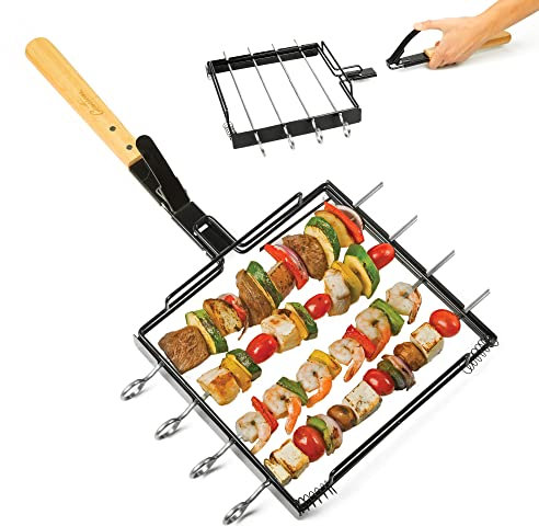 Camerons BBQ Skewer Rack Set - Includes Detachable Handle & 4 Non-Stick Stainless Steel Skewers for Grilling Barbecue Shish Kabobs, Meat, Vegetables & More - Summer Cookout Essential- Fathers Day Gift