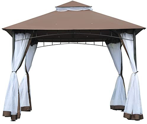 Outsunny Cenador de Jardín 3x3m Pabellón con Doble Techo y Mosquiteras Laterales con Cremallera Buena Ventilación Gazebo para Terraza Eventos Fiestas Bodas Marrón y Blanco