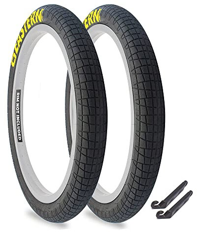 Eastern Bikes Neumáticos BMX de 20 pulgadas disponibles con o sin tubos, 2.2, 2.3 y 2.4 pulgadas de ancho, logotipo blanco o amarillo. (logotipo amarillo de 2.2 pulgadas, paquete de 2 sin tubos)