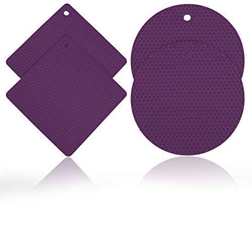 Kochblume Wabenuntersetzer Eckig & Rund 4er Set | Hitzeschutz | Als Untersetzer oder Topflappen | Premium-Silikon | Hitzbeständig | Spülmaschinenfest | Farbe: lila