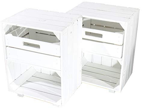 Obstkisten Online 2x WEIßE HOLZKISTEN mit SCHUBLADE und Fach, auf Füßen -NEU- 30,5x40x54cm - dekoratives Beistellmöbel für Bett oder Schreibtisch