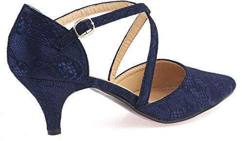 Women-Ladies-Low-Kitten-Heel-Strappy-Diamante-Glitter-Court-Shoes-Party-and-Bridal-Wear New Size 3 to 8 (Navy Lace, 4)