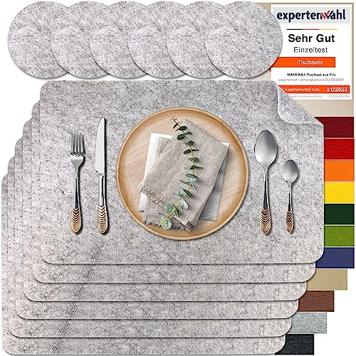 MAHEWA® 6er Set Premium Tischset Platzset aus Filz rutschfest Ab-waschbar und Waschmaschinenfest Eckige Platzdeckchen Teller-Untersetzer Filzset Tisch-Matten Platz-Matten (Hellgrau - Weiss, 6er Set)