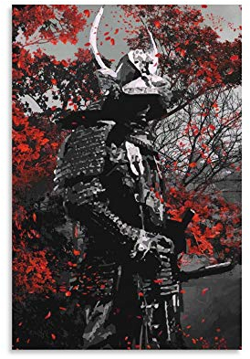 Oni Samurai Rote Blume Leinwand Gemälde Wandkunst für Wohnzimmer Badezimmer Wanddekoration Schlafzimmer Wanddekoration Büro Küche Home Dekoration 60 × 90 cm