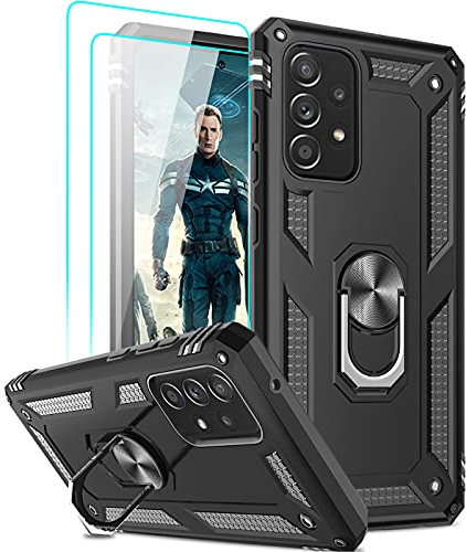 LeYi Hülle Kompatibel mit Samsung Galaxy A72 5G/A72 4G Handyhülle und Panzerglas Schutzfolie(2 Stück),360 Grad Ring Halter Ständer Handy Hüllen Militär Standard Cover Bumper Schutzhülle Case Schwarz