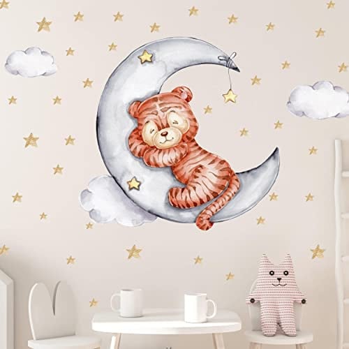 WANDKIND Tiger auf dem Mond Wandtattoo V321 | handgezeichnet | AUFKLEBER Kindergarten | Wandsticker Kinderzimmer Gepard mit Sterne Katze Wolken Baby Tiger (75 x 75 cm)