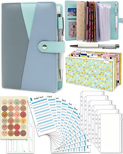 Enveloppe Budget, Ginmlyda Planner Francais For Cash Comprend 6 Pochettes Pvc, 6 Enveloppes Classeur, 12 Tableaux, 2 Autocollants Et Des Stylos Dans Un Pour Carnet (Bleu)