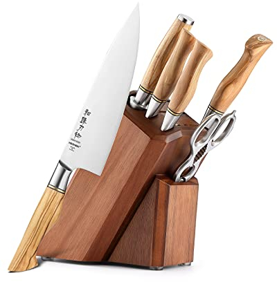 HEZHEN-8PCS Set di Coltelli in Acciaio Inossidabile, Coltello da Chef Coltello da Pane Coltello da Frutta Forbici da Cucina Portacoltelli Asta Affilacoltelli, Manico in Legno d'Olivo