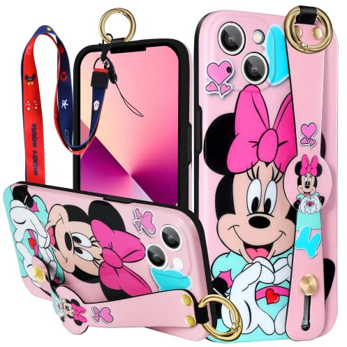 Flafens Minnie with Wrist Strap for iPhone 13 Mini Case Lanyard Girls Cartoon Cute Kawaii Character Wristband Cases for Kids Boys Girly Mouse Fun Funny Phone Design Cover for iPhone 13 Mini 5.4 Inches