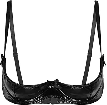 Fldy Womens Sexy Half Cup Bra Open Nipple Lingerie Bra Top Patent Leather Underwired Unlined Brassiere Black M