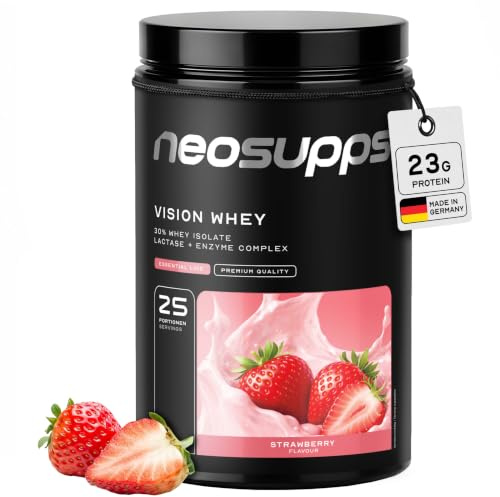NEOSUPPS Vision Whey Protein Strawberry 750 g – Whey Protein Pulver mit hochwertigem Molkenprotein, Eiweißpulver für Muskelaufbau & Diät, Protein Shake für Fitness & Sport, Made in Germany