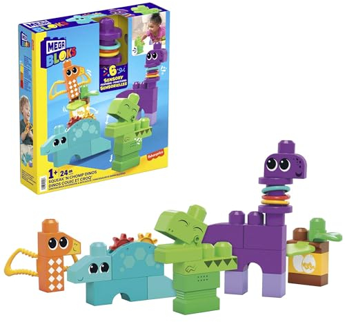 MEGA First Builders HKN43 - BLOKS Sensorisches Spielzeug für Kleinkinder, Dinos aus Bauklötzen, T-Rex, Brontosaurus, Pterodactylus und Stegosaurus, Konstruktionsspielzeug für Kleinkinder ab 1 Jahr