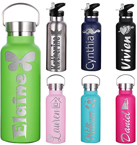 Bouteille d'eau Personnalisée avec Couvercle à Paille pour l'école, Bouteille d'eau de Sport Isotherme en acier Inoxydable avec nom pour Filles, Garçons, Femmes, Hommes (350 ml/750 ml,7 Couleurs)