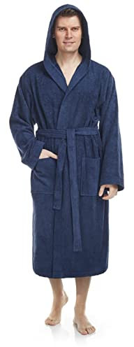 Arus Accappatoio da uomo con cappuccio, lunghezza al polpaccio, 100% cotone spugna, Blu marino, XXL-3XL