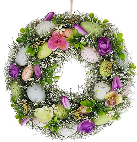 Osterfreiheit! Oster-Frühlingskranz, 28,4 cm Osterkranz mit bunten Eiern, künstlichen Blumen und grünen Blättern, zum Aufhängen an Haus, Innen- und Außenbereich, Haustür-Wanddekorationen (Kranz 7)
