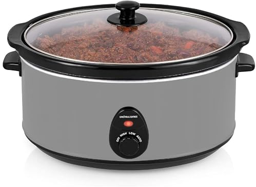 Andrew James 6.5L Slow Cooker with Removeable Easy Clean Ceramic Bowl, 3 Temperature Settings, Energy Efficient Large Slow Cooker with Tempered Glass Lid, Cool Touch Handles & Non-Slip Feet (Grey)