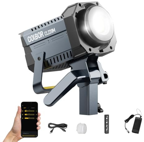Videoleuchte, COLBOR CL220M Lite 220W Dauerlicht 5600K Daylight CRI96+ 10,800Lux at 1m Bowens Mount App-Steuerung 7 Lichteffekte Tageslight ür Videoaufnahme, Videoleuchte-LED-Studio-Lampe-Fotografie