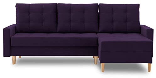 Ecksofa Lena 227x148 mit schlaffunktion und Bettaksen - Klassisch Design - Eckcouch mit Stauraum - Auffälliger Kronos Stoff - Kissen - Holzfüße - Auswahl an Farben (Kronos 37 RECHTS)