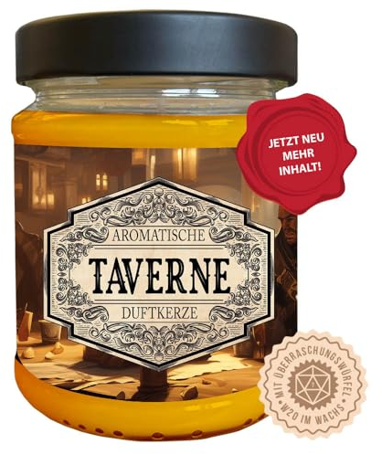 Rollenspiel Duftkerze Taverne mit verstecktem D20-Würfel - Handgemacht in Deutschland, (Neue Größe) 240ml, ca. 40 Stunden Brenndauer